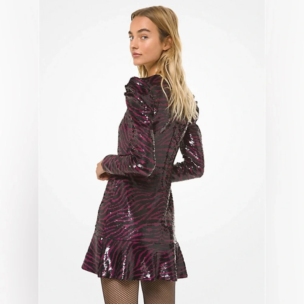Michael Kors Zebra Sequin Mini Dress Berry Black Puff Sleeve Belted MH98Z39DFP L